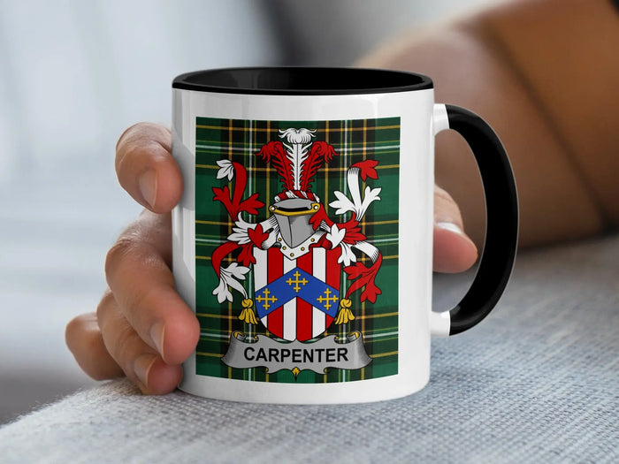 Carpenter Irish surname mug with family crest on an Irish National Tartan background.