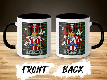 Carpenter family crest accent mug shown from front and back with black interior.
