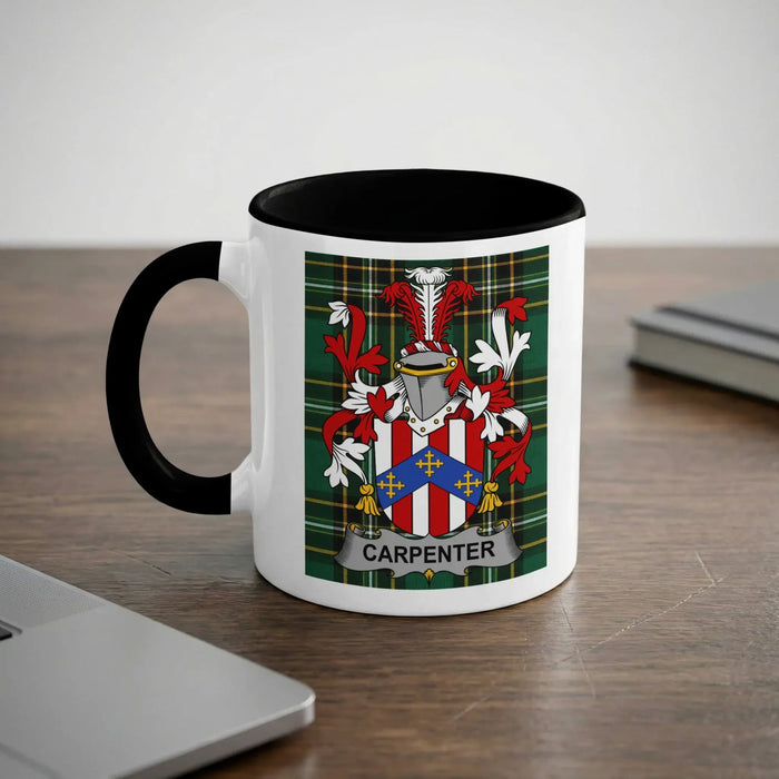Carpenter 11oz ceramic mug with black rim and surname emblem on Irish tartan.
