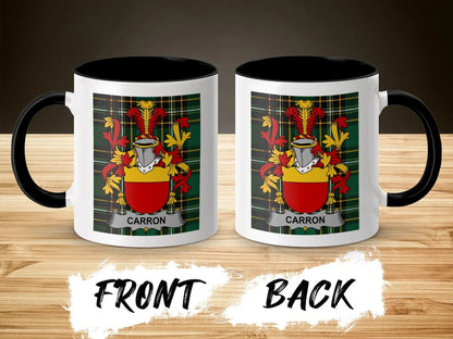 Carron family crest accent mug shown from front and back with black interior.