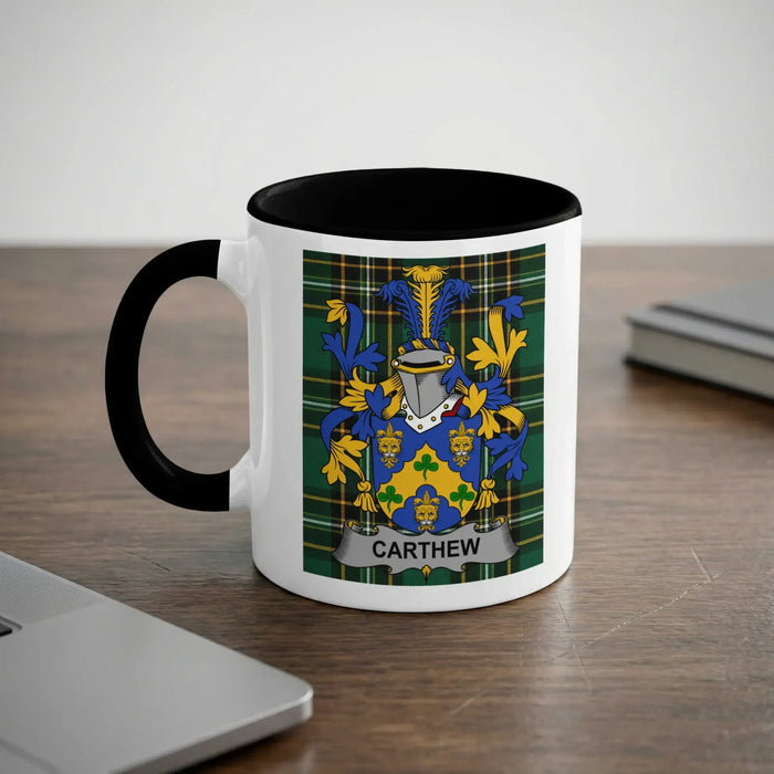 Carthew 11oz ceramic mug with black rim and surname emblem on Irish tartan.