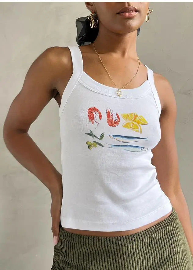 Cartoon Print O-Neck Crop Top