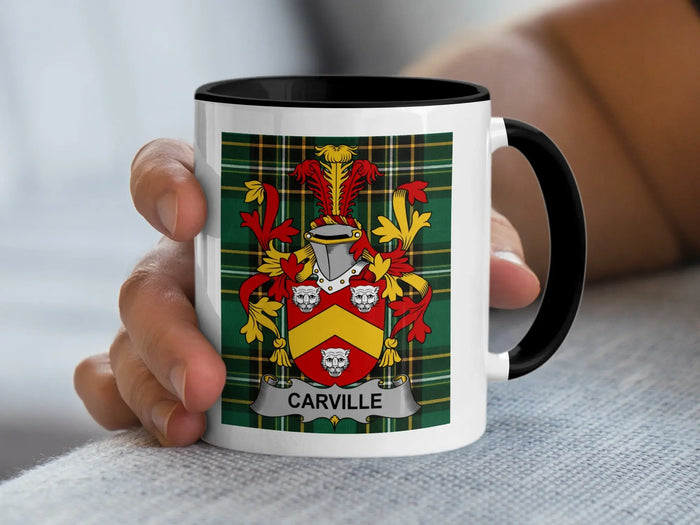 Carville Irish surname mug with family crest on an Irish National Tartan background.