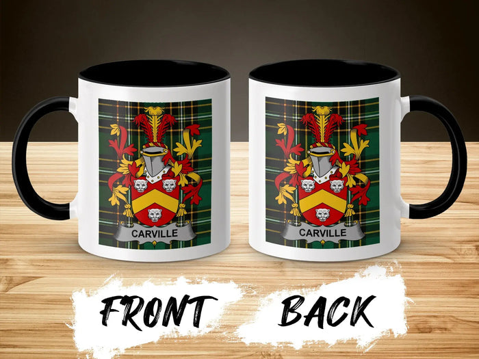 Carville family crest accent mug shown from front and back with black interior.