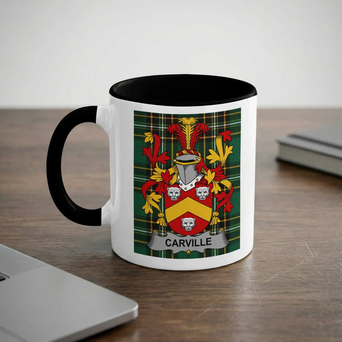 Carville 11oz ceramic mug with black rim and surname emblem on Irish tartan.
