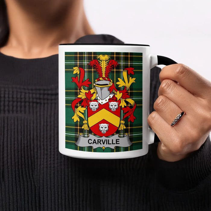 Carville heritage mug featuring the family crest, black handle and tartan design.