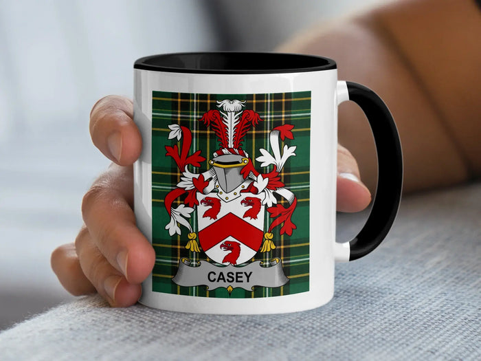 Casey Irish surname mug with a family-name shield on an Irish National Tartan background.