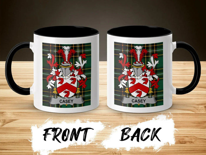 Casey surname shield accent mug shown from front and back with a black interior.