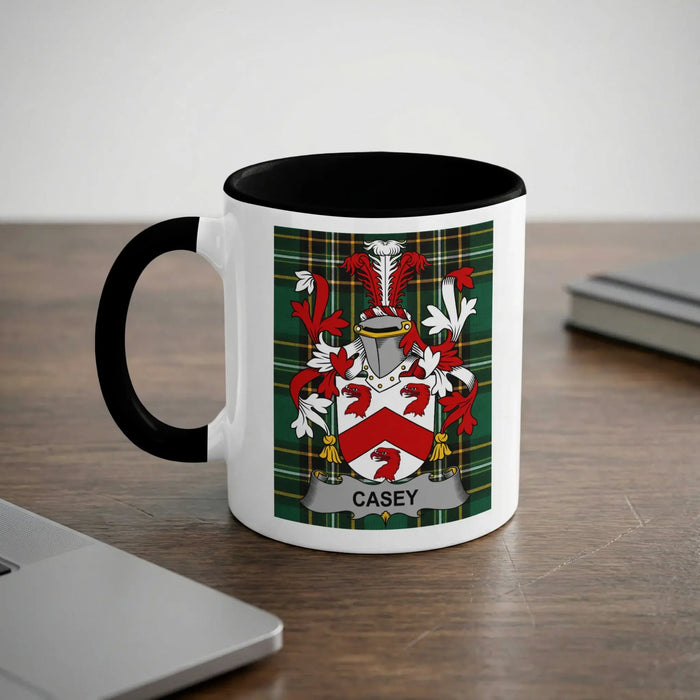 Casey 11oz ceramic mug with a black rim and surname shield on Irish tartan.