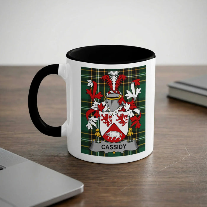 Cassidy 11oz ceramic mug with black rim and surname emblem on Irish tartan.