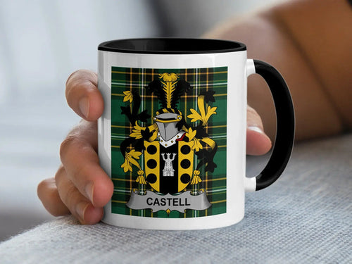 Castell Irish surname mug with family crest on an Irish National Tartan background.