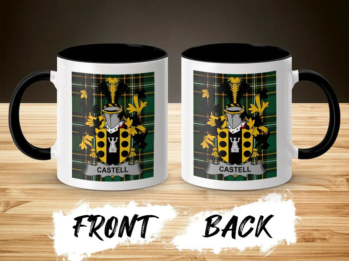 Castell family crest accent mug shown from front and back with black interior.