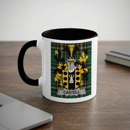 Castell 11oz ceramic mug with black rim and surname emblem on Irish tartan.