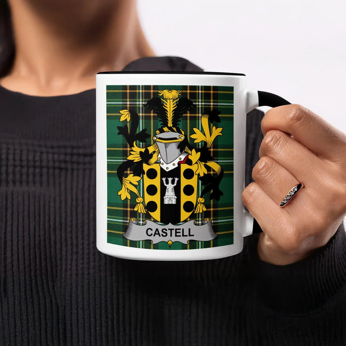 Castell heritage mug featuring the family crest, black handle and tartan design.