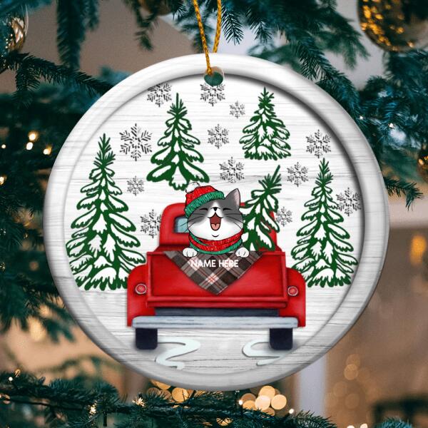 Cat On Red Truck White Wooden Circle Ceramic Ornament - Personalized Cat Lovers Decorative Christmas Ornament