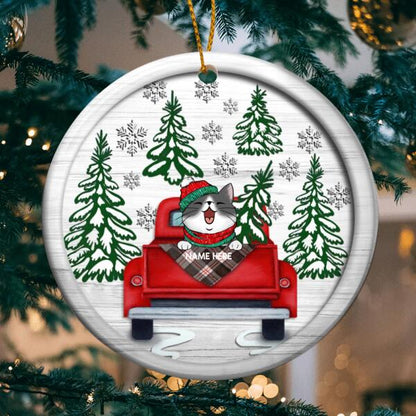 Cat On Red Truck White Wooden Circle Ceramic Ornament - Personalized Cat Lovers Decorative Christmas Ornament