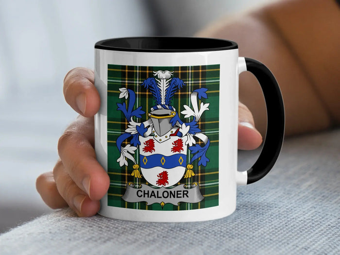 Chaloner Irish surname mug with family crest on an Irish National Tartan background.