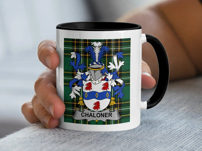 Chaloner Irish surname mug with family crest on an Irish National Tartan background.