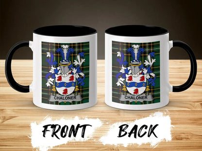 Chaloner family crest accent mug shown from front and back with black interior.