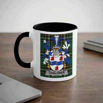 Chaloner 11oz ceramic mug with black rim and surname emblem on Irish tartan.