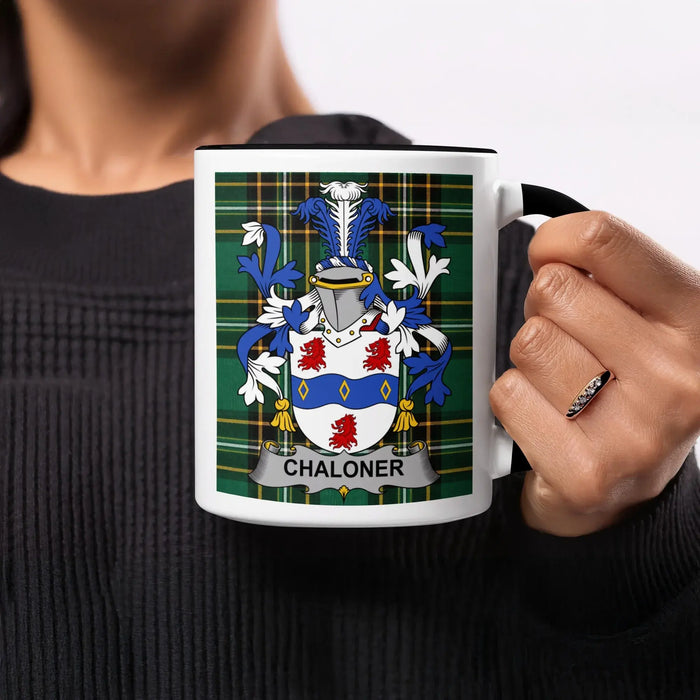 Chaloner heritage mug featuring the family crest, black handle and tartan design.