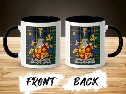 Chatterton family crest accent mug shown from front and back with black interior.