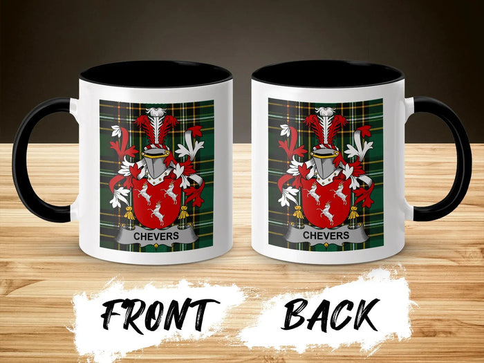 Chevers family crest accent mug shown from front and back with black interior.