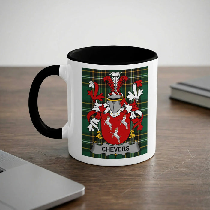 Chevers 11oz ceramic mug with black rim and surname emblem on Irish tartan.