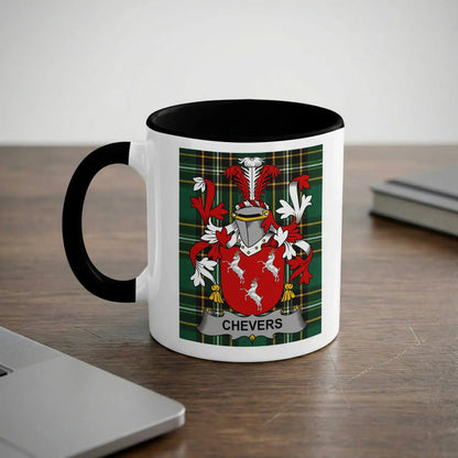 Chevers 11oz ceramic mug with black rim and surname emblem on Irish tartan.