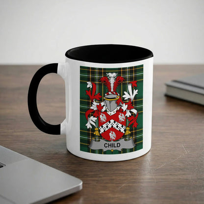 Child 11oz ceramic mug with black rim and surname emblem on Irish tartan.