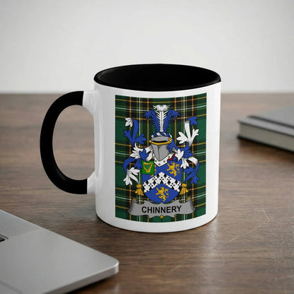 Chinnery 11oz ceramic mug with black rim and surname emblem on Irish tartan.