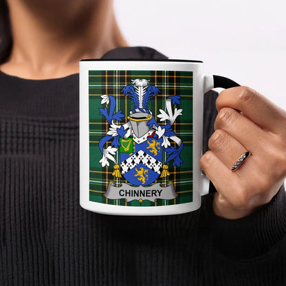 Chinnery heritage mug featuring the family crest, black handle and tartan design.