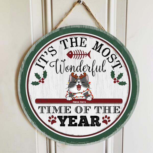 Christmas Door Decorations, Gifts For Cat Lovers, It's The Most Wonderful Time Of The Year, Green Around & White , Cat Mom Gifts