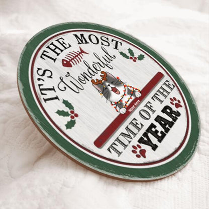 Christmas Door Decorations, Gifts For Cat Lovers, It's The Most Wonderful Time Of The Year, Green Around & White , Cat Mom Gifts