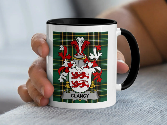 Clancy Irish surname mug with family crest on an Irish National Tartan background.