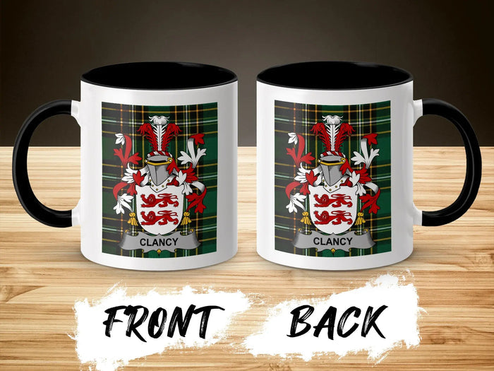 Clancy family crest accent mug shown from front and back with black interior.