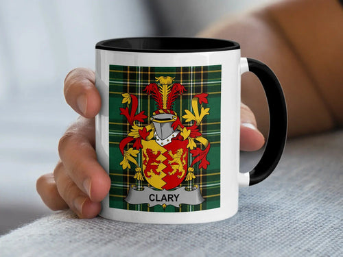Clary Irish surname mug with family crest on an Irish National Tartan background.