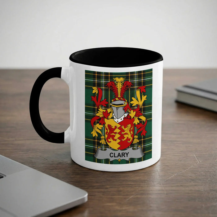 Clary 11oz ceramic mug with black rim and surname emblem on Irish tartan.
