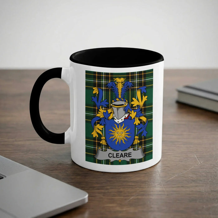 Cleare 11oz ceramic mug with black rim and surname emblem on Irish tartan.