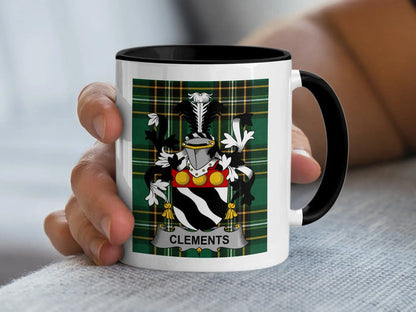 Clements Irish surname mug with family crest on an Irish National Tartan background.