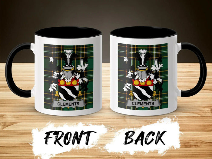 Clements family crest accent mug shown from front and back with black interior.