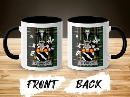 Clements family crest accent mug shown from front and back with black interior.