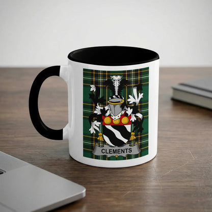 Clements 11oz ceramic mug with black rim and surname emblem on Irish tartan.