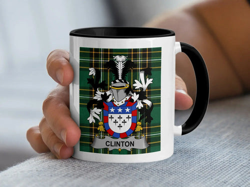 Clinton Irish surname mug with family crest on an Irish National Tartan background.