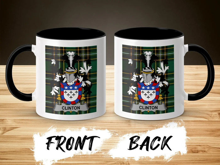 Clinton family crest accent mug shown from front and back with black interior.