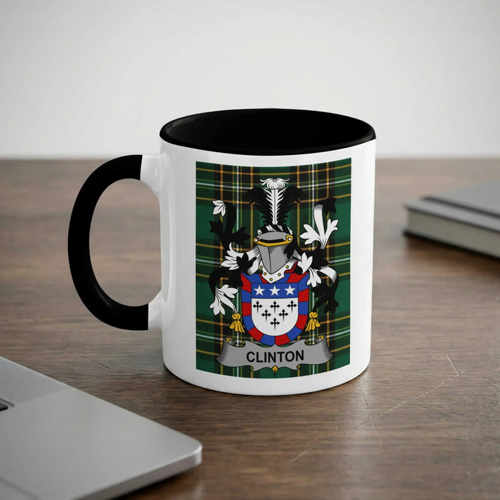 Clinton 11oz ceramic mug with black rim and surname emblem on Irish tartan.