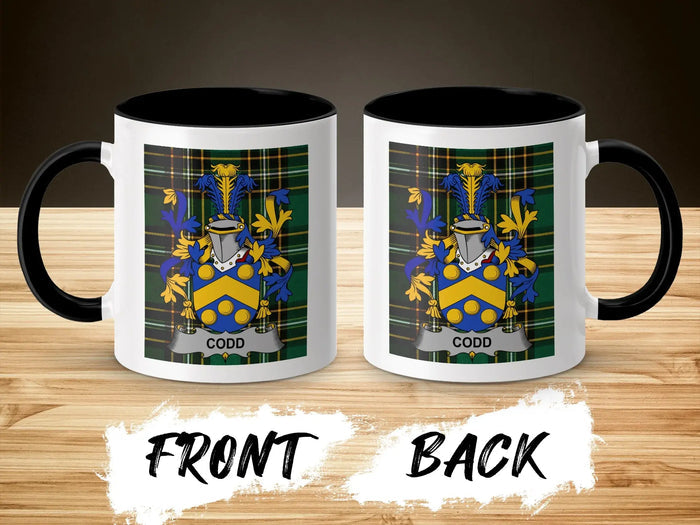 Codd family crest accent mug shown from front and back with black interior.