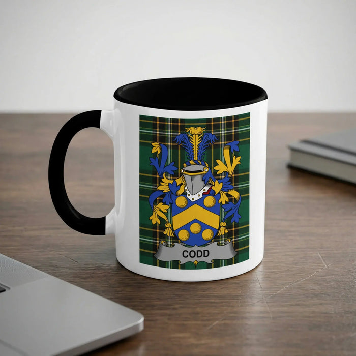 Codd 11oz ceramic mug with black rim and surname emblem on Irish tartan.