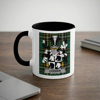 Side view of 11oz Codden ceramic accent mug with black handle and Irish National Tartan surname emblem