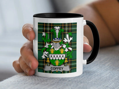 Coffey Irish surname mug with family crest on an Irish National Tartan background.